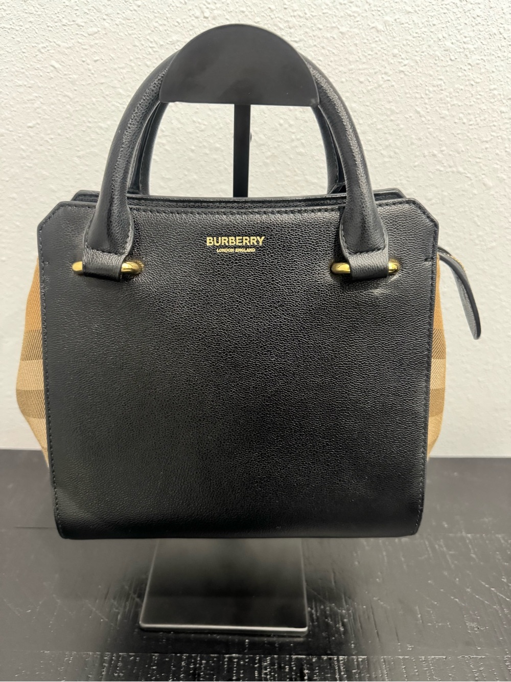 Burberry Black & Tan Leather Satchel with Gold Hardware